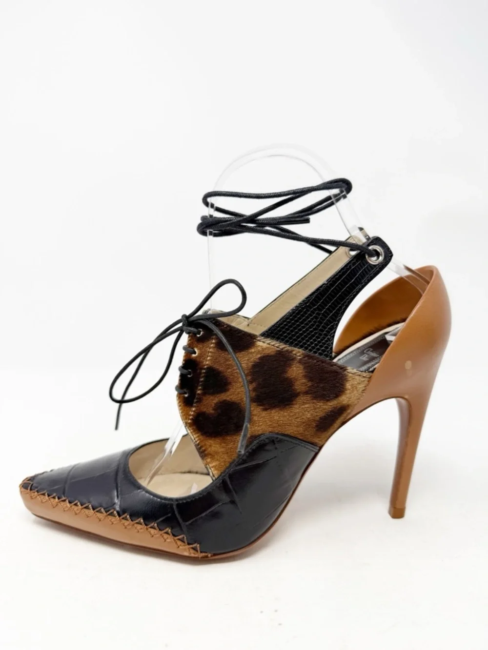 Christian Dior Leopard Calf Hair Lace Up Heels Pointed Toe Womens Size EU 37.5